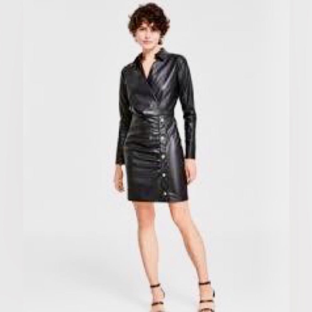LN MICHAEL Michael KORS Faux Leather Faux Wrap Dress. Crossover V-Neck.